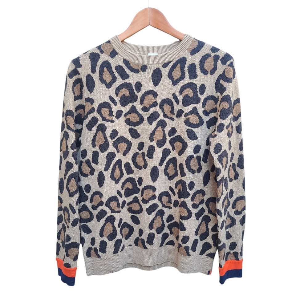 Kule | Leopard Crewneck Sweater with Colored Cuffs Size XS